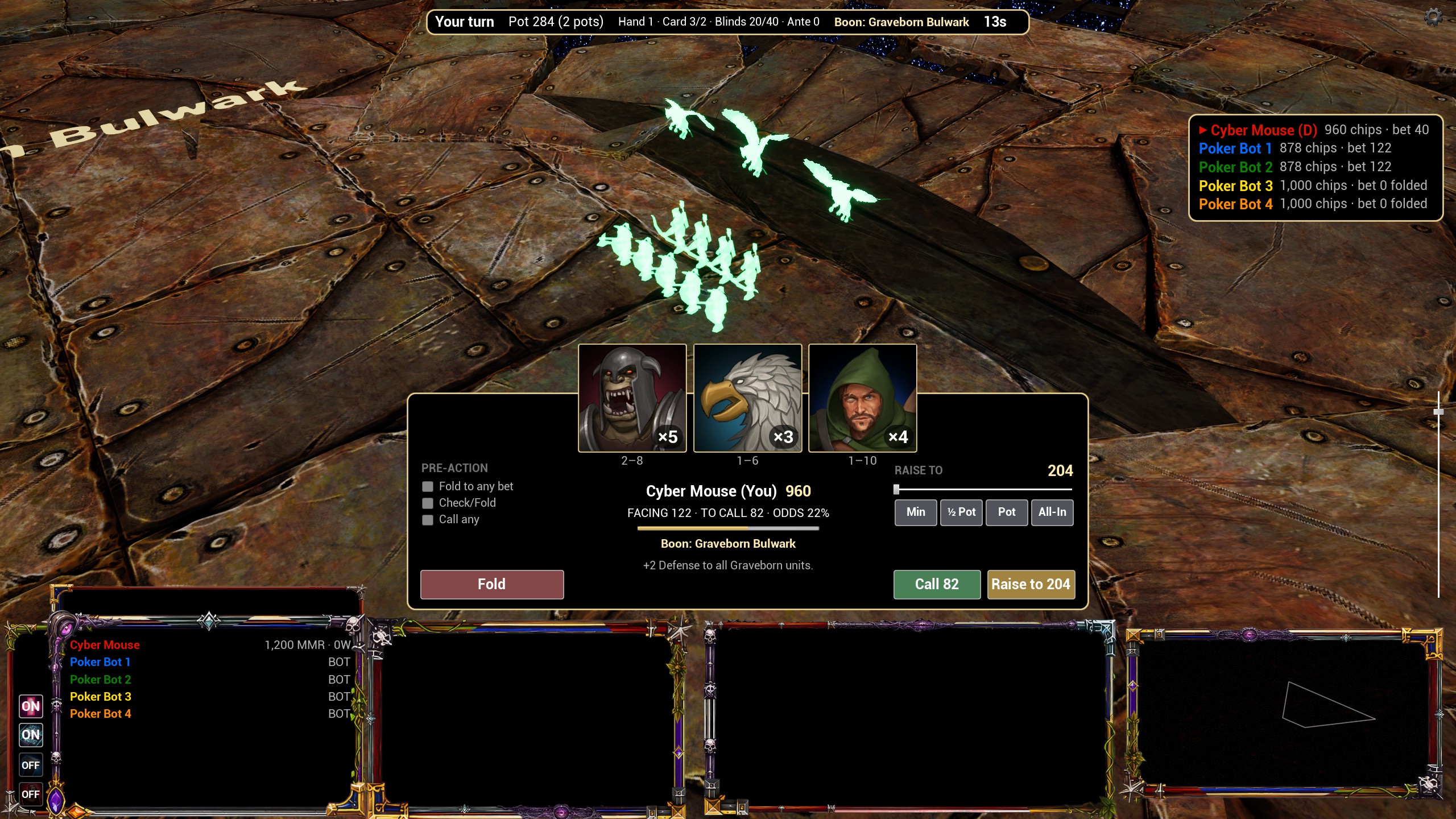 Poker mode betting: three hidden unit cards over a translucent ghost of the player's own army standing on the arena pit, with a raise-to slider and pot odds