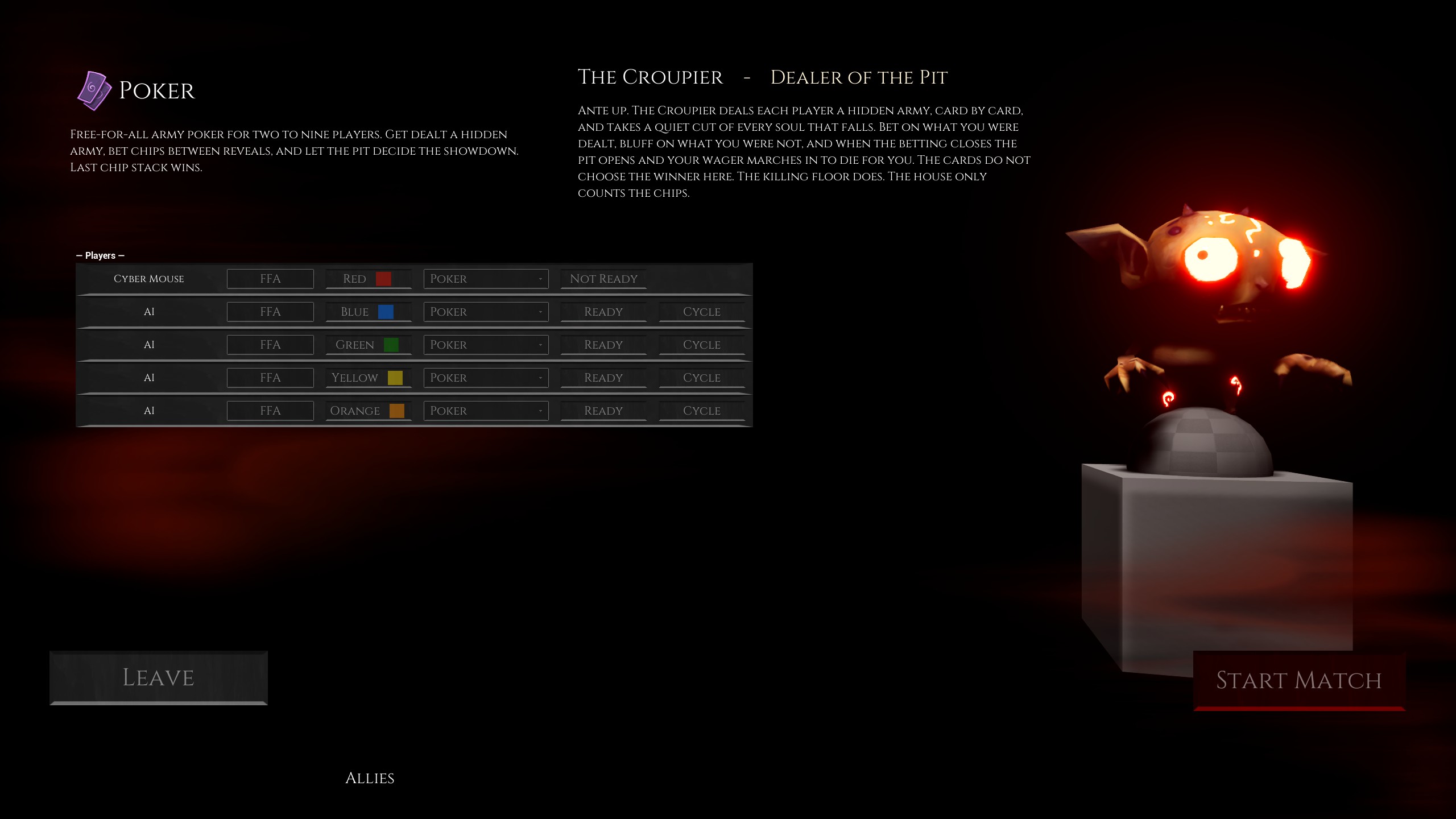 Poker mode lobby: five free-for-all seats picking colors, with The Croupier, dealer of the pit, posed on the right
