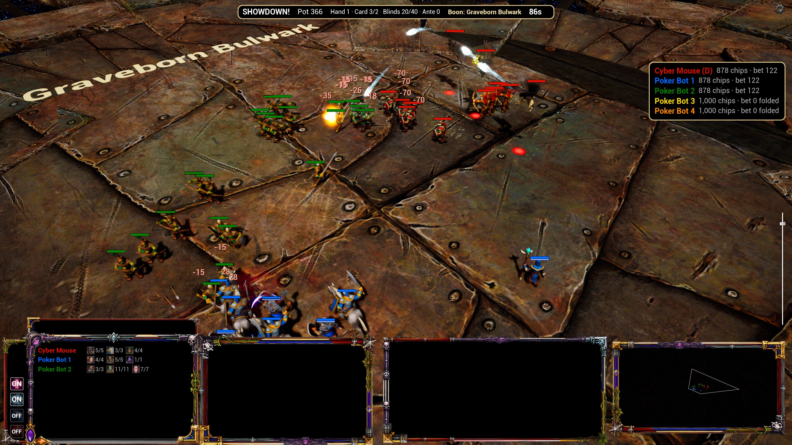 Poker mode showdown: two armies clash on the pit under the Graveborn Bulwark boon, floating damage numbers everywhere, the roster tracking each seat's units alive